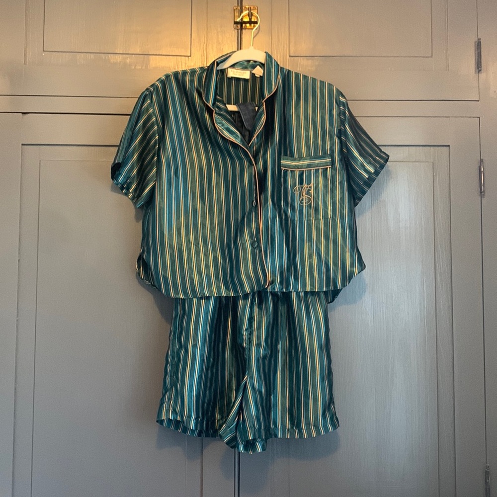 Jewel toned teal/gold striped shorty pjs.  Victoria’s Secret size P
